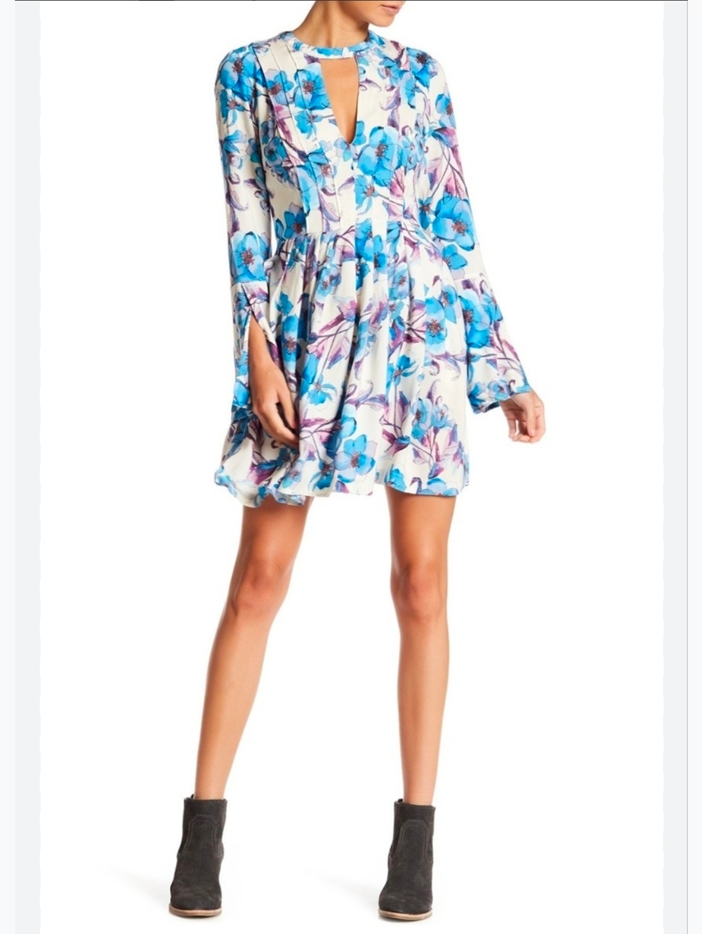 Free People Tegan White Mini Dress with Blue Floral Print Size 0